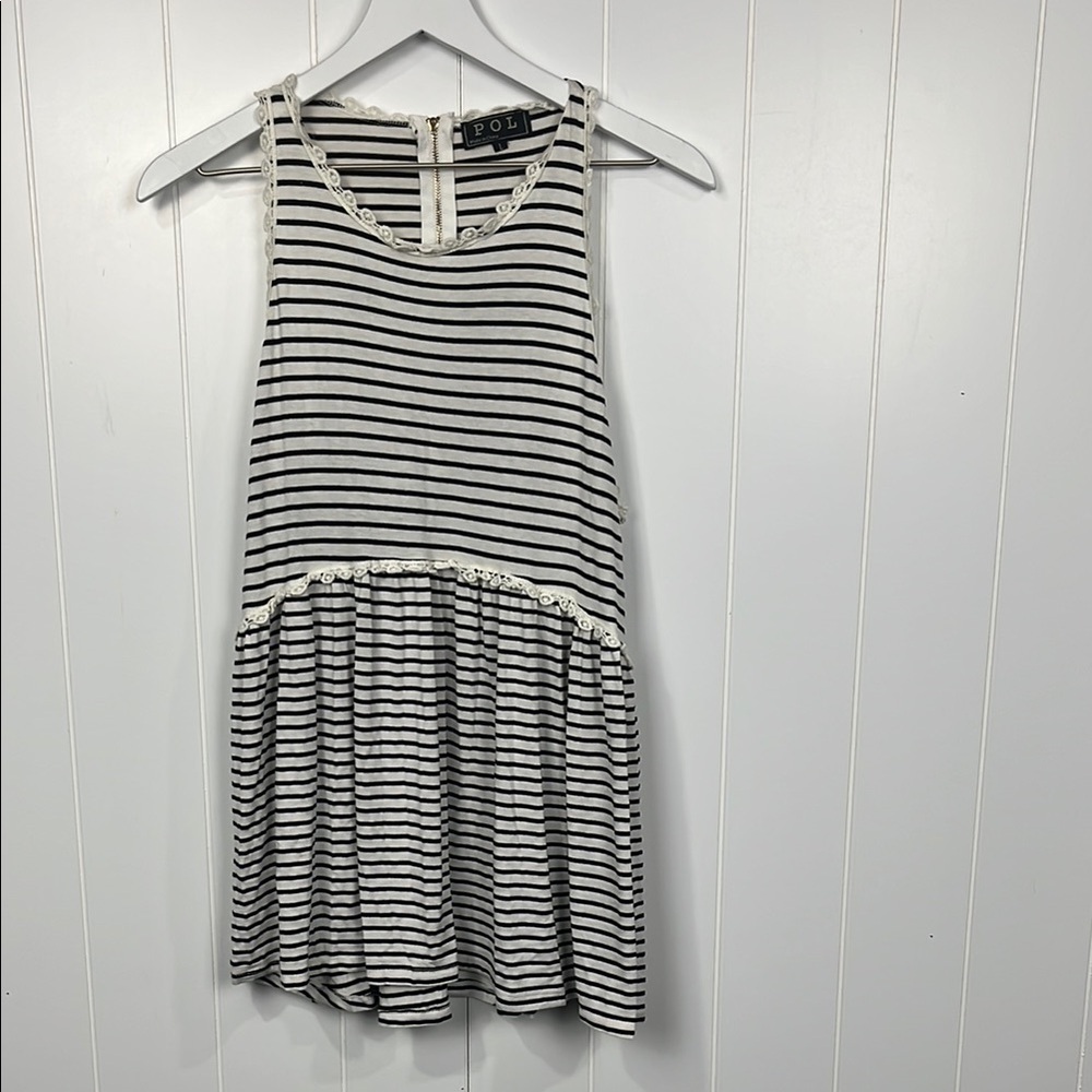 POL Womens Tank Dress L Black White Back Zip Sleeveless Stripes Embroidery Soft